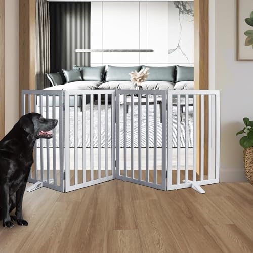 ZJSF Freestanding Indoor Dog Gate for House Foldable Wood Puppy Gate for Doorways Pet Gate for Stairs Extra Wide Pet Fence, Grey, 32" Height 4 Panels - color: Gray, size: 【4 Panels】80''w x 32''h