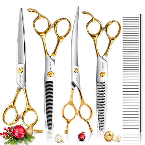 Dog Grooming Scissors Kit 4pcs 7 inch Professional Dog Grooming Shears Set Curved Thinning Straight Chunkers for Dogs Cat Pets (7 in Kit, Gold) - size: 7 inch, style: Kit