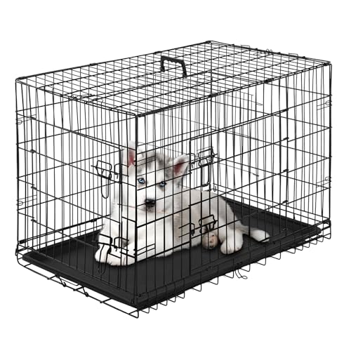 PayLessHere Small Dog Crate Kennel 24 inches Metal Dog Cage Double-Door Folding Travel Indoor Outdoor Puppy Playpen with Divider and Handle Plastic Tray,Black - color: Black, size: 24.0"L x 16.0"W x 19.0"H