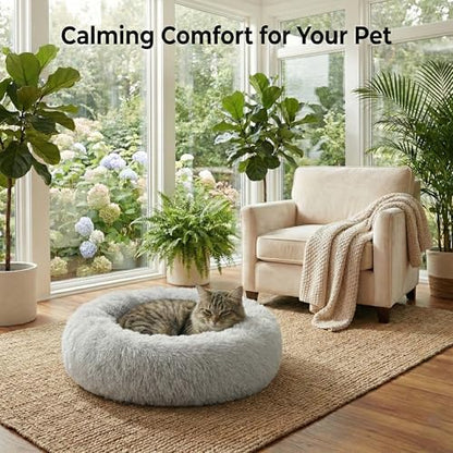 Cozy Plush Calming Dog & Cat Bed – Anti-Anxiety, Washable Round Donut Bed for Small & Medium Pets – Soft, Fluffy, Vacuum Packed (Gray, M) - size: M