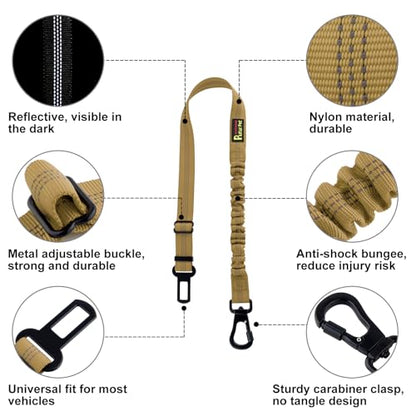 Plutus Pet Dog Seat Belt for Car, Adjustable Dog Car Harness with Carabiner Clip, Reflective Dog Seatbelt Leash with Elastic Bungee, Brown - color: Brown