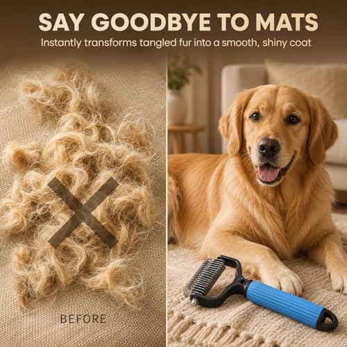 2 Pcs Pet Grooming Brush, Double Sided Undercoat Rake & Dematting Comb for Dogs and Cats, Detangling Tool for Matted Fur, Ideal for Medium or Long Haired Breeds (Blue+Pink, Large)
