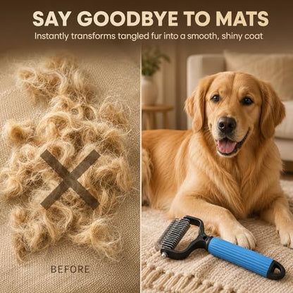 2 Pcs Pet Grooming Brush, Double Sided Undercoat Rake & Dematting Comb for Dogs and Cats, Detangling Tool for Matted Fur, Ideal for Medium or Long Haired Breeds (Blue+Pink, Large)