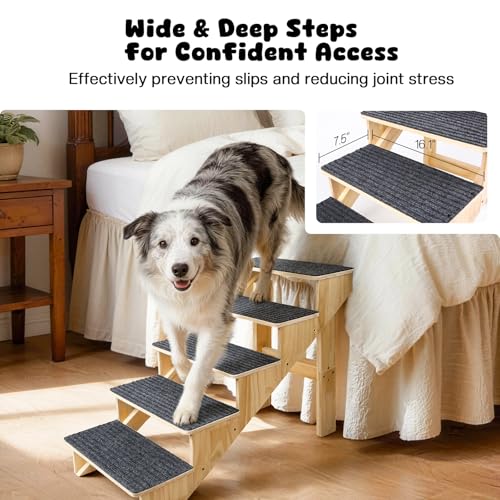 5-Step Dog Stairs for Large Dogs, Solid Wooden Dog Steps for Beds/Couch with Carpet, 24 Inches Anti-Slip Pet Stairs for High Beds, Ramp for Older/Senior Dogs, Pet Bed Stairs to Get on Bed/Sofa - size: 5-Step