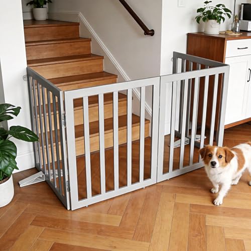 ZJSF Freestanding Indoor Dog Gate for House Foldable Wood Puppy Gate for Doorways Pet Gate for Stairs Extra Wide Pet Fence, Grey, 24" Height 6 Panels