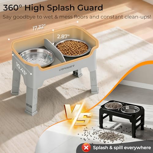 URPOWER Mess Proof Elevated Dog Bowls, High Wall Splash Guard Design, 4 Height Adjustable Raised Bowl Stand, 2 Stainless Steel Bowls, Non-Slip Food Water Set for Small Medium Large Dogs - color: Light Grey, size: Medium