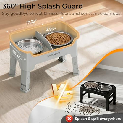 URPOWER Mess Proof Elevated Dog Bowls, High Wall Splash Guard Design, 4 Height Adjustable Raised Bowl Stand, 2 Stainless Steel Bowls, Non-Slip Food Water Set for Small Medium Large Dogs - color: Light Grey, size: Medium