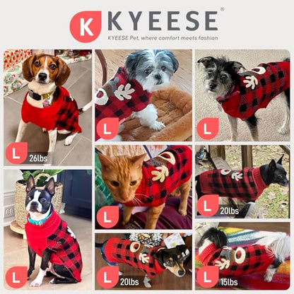 KYEESE Dog Christmas Sweater with Reindeer Pattern, Cozy Holiday Outfit, Turtleneck Dog Sweater for Small Dogs with Leash Hole, Red Buffalo Plaid Knitwear, Soft Warm Festival Dogs Clothes, Large - color: 3#Christmas, size: Large (11-19lbs)