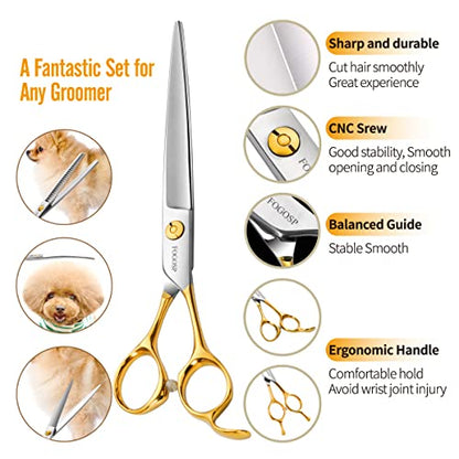 Dog Grooming Scissors Kit 4pcs 7 inch Professional Dog Grooming Shears Set Curved Thinning Straight Chunkers for Dogs Cat Pets (7 in Kit, Gold) - size: 7 inch, style: Kit