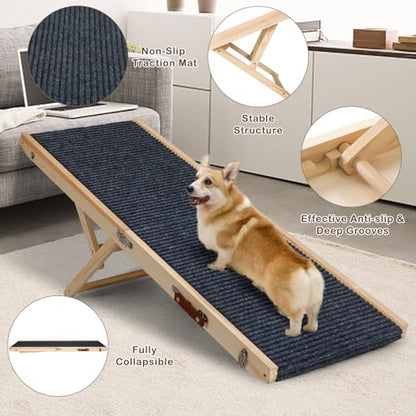 Folding Dog Ramp Safety, Wooden Adjustable Height Pet Ramps, Potable Dog Steps with Non-Slip Traction Mat, Dog Step for Bed, Dogs Stairs for SUV Car, Couch, Safe, Height Bed - size: 55.12 Inch Long