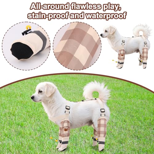 Anti Dirt Pants for Small Dogs, Upgraded Adjustable Suspender Non-Slip Dog Shoes Dust-Proof Waterproof Full-Leg Paw Protectors Rain Boots for 8-15lbs Dogs Outdoor Walking & Hiking (Off White)