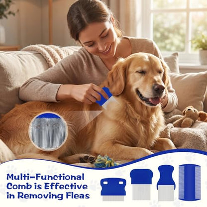 WRW 7 Pack Flea Comb,Stainless Steel Dog Cat Grooming Combs with Rounded Tooth for Remove Fleas Lice Eggs, Double Sided Tear Stain Remover, Dematting Tool for All Types of Small, Medium, Large Pets