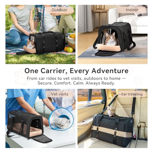PETSFIT Soft-Sided Cat Carrier with Patented Safety Buckles, Lockable Zippers & Safety Tether,Escape-Resistant Travel Pet Carrier for Car Rides & Vet Visits, Airline Approved Under-Seat, Up to 12 lbs - color: Black, size: 18.0"L x 11.0"W x 11.0"H