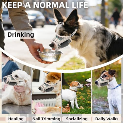 PUPTECK Dog Muzzle, Soft Adjustable Loop Reflective Pet Muzzle Prevent Biting Barking Chewing, Breathable Muzzle with Air Mesh Dog Mouth Guard Drinkable for Large Medium Small Sized, Beige Plaid S - color: Beige, size: S (Snout Cir: 4.7"-5.9")