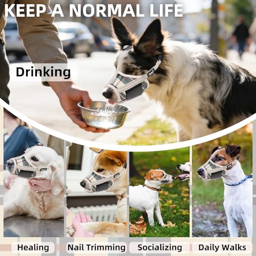 PUPTECK Dog Muzzle, Soft Adjustable Loop Reflective Pet Muzzle Prevent Biting Barking Chewing, Breathable Muzzle with Air Mesh Dog Mouth Guard Drinkable for Large Medium Small Sized, Beige Plaid L - color: Beige, size: L (Snout Cir: 7.09"-9.45")
