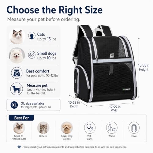 Cat Backpack Carrier for Small Dogs and Medium cat Puppy Kitten Bunny Pet Carrier Backpack Collapsible with Fully Ventilated Mesh with Safety Leash (Black, 12.9" L x 10.62" W x 15.5" H - M) - color: Black, size: Medium