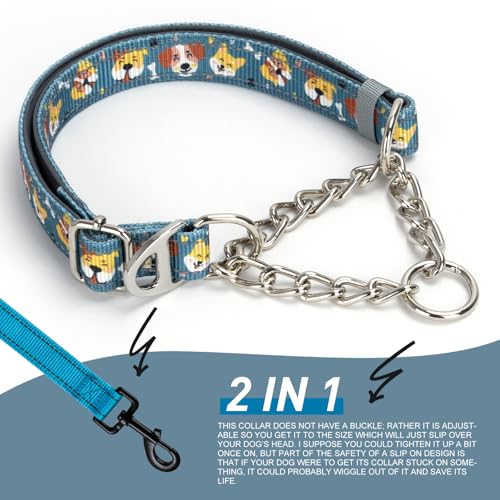 Reflective No-Pull Martingale Dog Collar with Chain - Cartoon Dog Pattern, Adjustable Anti Pull Training Collar for Medium, Large & XL Dogs (Large) - color: 13, size: L(Neck15"-22")