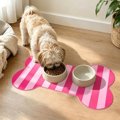 AnyDesign Bone Shaped Pet Food Mat Pink Dog Feeding Placemat Stripe Anti-Slip Waterproof Cat Feeder Pad for Pets Cats Indoor Outdoor Supplies