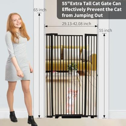 55.1 inch Extra Tall Pet Gate, Extra Wide 29.92"- 43" Adjustable Dog Gates, Pressure Mounted Walk Through Swing Safety Tall Cat Gate for Doorways, Stairs, Kitchen(Black) - color: Black