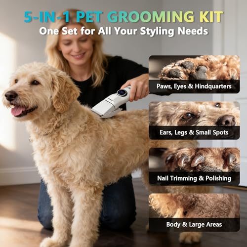 5-in-1 Dog Grooming Kit, Dog Paw Trimmer with LED Display and Light 11-Speed Rotary Knob Low Noise Stainless Steel Blade, Wireless Charging Pet Shaver Ideal Trimming Paw Eye Ear Facial Hair - color: Pet Clipper