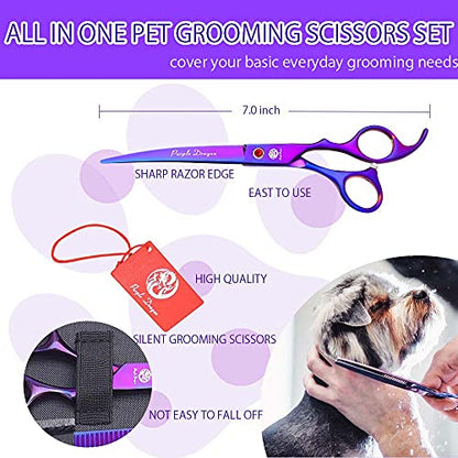 Purple Dragon Professional 7.0 inch 4PCS Pet Grooming Scissors Kit Japan Premium Steel Straight & Curved & Thinning Blade Dog Hair Cutting Shears Set with Case - color: Electroplating Purple