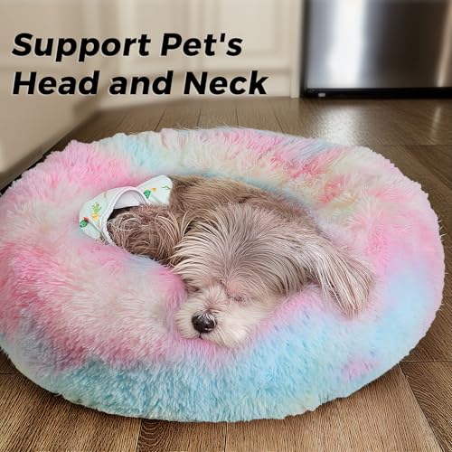 Calming Round Dog Bed & Cat Bed with Anti-Slip Bottom, Medium Size Washable Anti-Anxiety Donut Dog Beds for Small Dogs & Cats, Fluffy Plush Soft Dog Bed(24 Inch, Rainbow) - color: Rainbow, size: 24"l x 24"w x 8"th