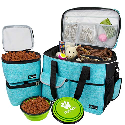 PetAmi Dog Travel Bag Organizer, Pet Travel Kit with 2 Food Containers & 2 Collapsible Dog Bowls, Pet Supplies Tote with Luggage Sleeve, Weekend Road Trip Camping Essentials, Teal Blue, Large - color: Sea Blue, size: Large - 15.5"L x 9.5"W x 14.0"H