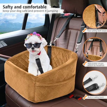 NEEZUKAR Dog Car Seat for Small Medium Dogs,Detachable Washable Dog Booster Seat Under 30lbs,Pet Car Seat Travel Bed with Storage Pockets and Dog Safety Belt（Brown - color: Brown