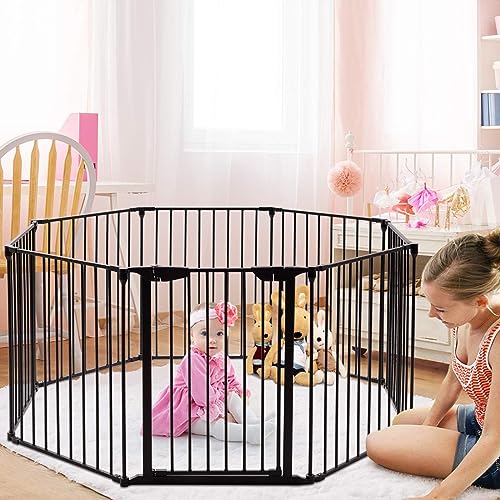 Costzon Baby Safety Gate, 181-Inch Extra Wide Fireplace Fence, Foldable Pet Gates with Add/Decrease Panels Directly, Wall-Mount Metal Gate for Pet & Child - color: Black, size: 8-Panel