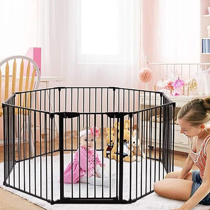 Costzon Baby Safety Gate, 181-Inch Extra Wide Fireplace Fence, Foldable Pet Gates with Add/Decrease Panels Directly, Wall-Mount Metal Gate for Pet & Child - color: Black, size: 8-Panel