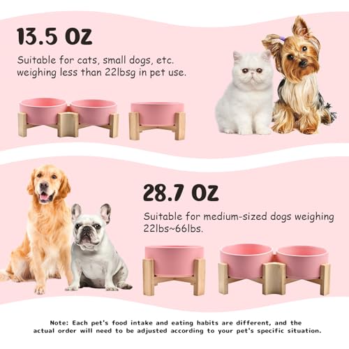 SPUNKYJUNKY 15° Slanted Ceramic Dog and Cat Bowl with Wooden Stand, Tilted Bulldog Food and Water Bowl No Slip Non-Spill for Cats Medium Dogs Big Face Pets 13.5 OZ (1.7 Cups, Pink × 2) - color: Pink, size: 1.7 CUPS × 2