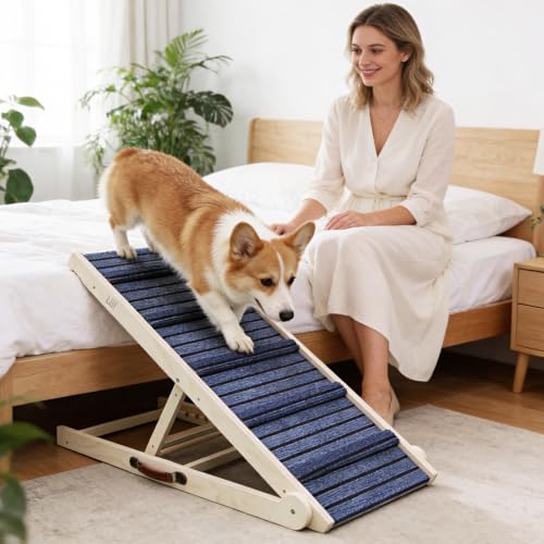 ZJSF Foldable Dog Ramp for High Bed, Wooden Dog Stairs to Bed for Small and Large Dogs, High Traction Platform with 6 Adjustable Heights (12.2"-26"), 39.7" L, Supports up to 230 lbs - size: 39.7"L X 17.4"W