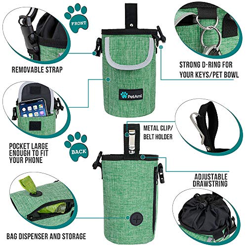 PetAmi Dog Treat Pouch, Large 3-Cup Dog Training Treat Bag with Poop Bag Dispenser, Hands-Free Waist Belt & Crossbody Strap, Reflective with Multiple Pockets & Belt Clip (Green) - color: Green