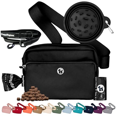 Puppington 3-in-1 Crossbody Dog Treat Pouch for Pet Training - Compostable Poop Bags, Built-In Poop Bag Dispenser, Slow-Feeding Travel Dog Bowl & Reflective Leash - Dog Walking Bag (Onyx Black) - color: Onyx Black