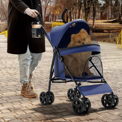 Magshion Compact Pet Stroller for Small-Medium Dogs/Cats up to 22lbs, 4-Wheel Lightweight Umbrella Shaped Portable Puppy Travel Jogger with Breathable Mesh, Cup Holder & Rear Storage, Navy Blue - color: Navy Blue, style: Up to 22 lbs