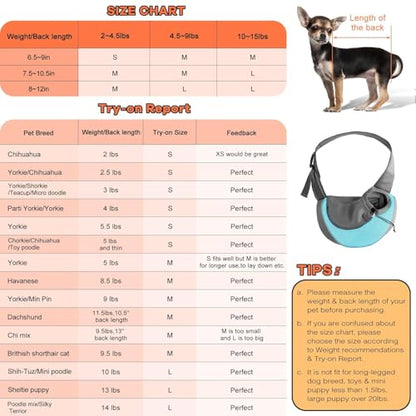 YUDODO Pet Sling Carrier for 2-5 lbs Small Dogs & Cats – Hands-Free Puppy Carrier with Safety Hook, Large Zipper Pocket, Soft Breathable Mesh, Adjustable Strap & Reflective Strip (Cyan 1.0 S) - color: Cyan 1.0 Basic (Zipper Pocket), size: Small (2-4.5lbs)