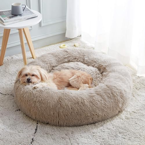 Calming Dog Bed & Cat Bed, Anti-Anxiety Donut Cuddler Warming Cozy Soft Round Fluffy Faux Fur Plush Cushion Bed for Small Medium Dogs and Cats (20"/24"/27"/30") - color: Brown, size: 20.0"l x 20.0"w x 6.0"th