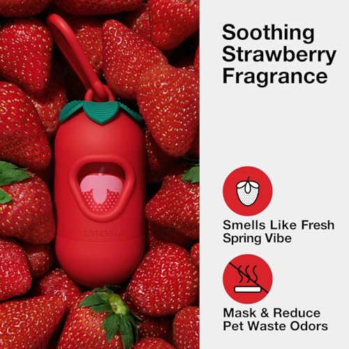 VETRESKA Dog Poop Bag Dispenser with Strawberry Scented Bags, Leak Proof, Extra Thick and Large Pet Waste Bags,1 Count Bag Holder and 105 Bags (7 Refill Rolls) for Walking Dog and Cats Litter, Red - size: 1 Count (Pack of 105), style: Strawberry