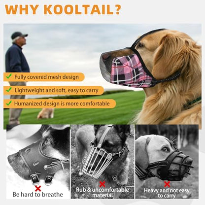 KOOLTAIL Dog Muzzle, Soft Muzzle for Small Medium Large Sized Dogs to Anti & Prevent Barking Grooming Biting, Reflective Adjustable Air Mesh Basket Muzzles, Allows Panting and Drinking, Pink Plaid M - color: Pink Plaid, size: X-Small