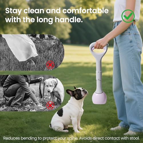 Dog Pooper Scooper Portable with Bag Attachment, One Handed Foldable Design, Includes 120 Waste Bags and Dispenser, 19 Inch Handle for Grass Yard Gravel Cleanup (Purple) - color: Purple + 120 garbage bags + dispenser