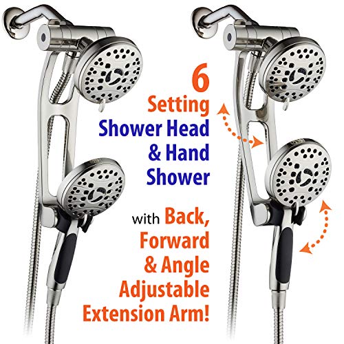 High Pressure 48-mode Luxury 3-way Combo with Adjustable Extension Arm – Dual Rain & Handheld Shower Head – Extra Long 6 Foot Stainless Steel Hose – All Brushed Nickel Finish – Top US Brand - color: Brushed Nickel