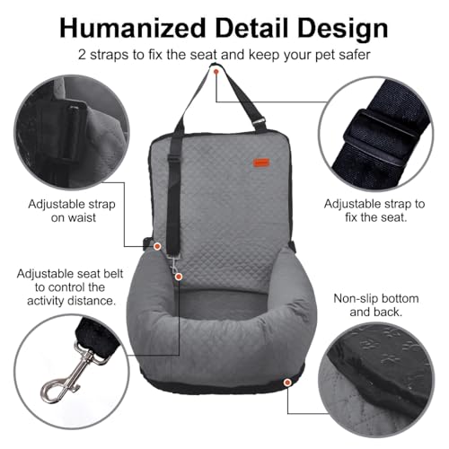 Dog Car Seat for Small Medium Dogs Up to 40lbs, Detachable Washable Soft Pet Booster Travel Bed for Front & Gray Seat with Safety Leash Belt - color: Gray