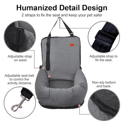 Dog Car Seat for Small Medium Dogs Up to 40lbs, Detachable Washable Soft Pet Booster Travel Bed for Front & Gray Seat with Safety Leash Belt - color: Gray