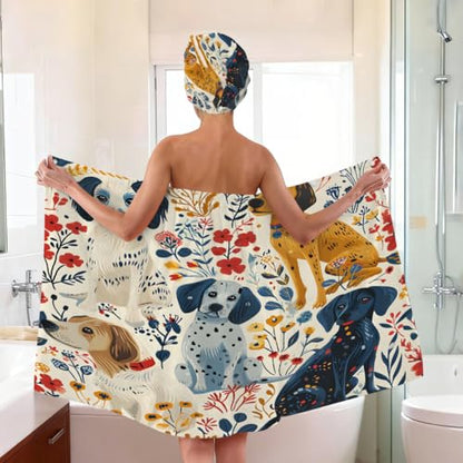 Dogs Flowers Microfiber Bathrobe and Hair Towel Wrap Set for Women Quick Dry Shower Towels Wrap Absorbent Soft Bath Robe and Hair Drying Cap for Spa After Shower