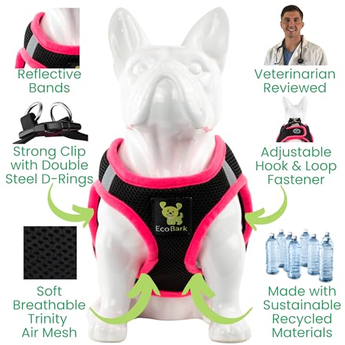 EcoBark Teacup Dog Harness - Luxury Step in Dog Harness in Black & Pink - Soft & Secure Body Halter Vest - Reflective Halter Vest - color: Black and Pink Trim, size: XXS- 4 to 5 lbs- Chest Up to 11 in (Pack of 1)