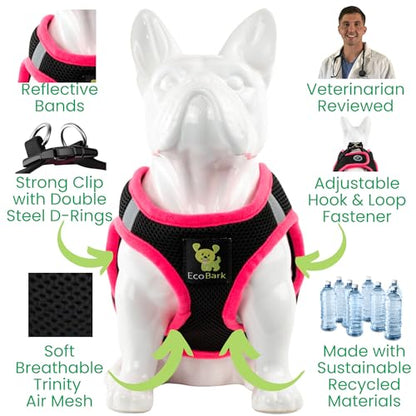 EcoBark Teacup Dog Harness - Luxury Step in Dog Harness in Black & Pink - Soft & Secure Body Halter Vest - Reflective Halter Vest - color: Black and Pink Trim, size: XXS- 4 to 5 lbs- Chest Up to 11 in (Pack of 1)