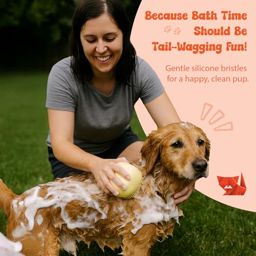 HamInWay Dog Bath Brush, 2-in-1 Dog Grooming Brush with Built-in Shampoo Dispenser, Gentle Silicone Bristles for Bath & Massage, Non-Slip Handle, Easy Clean Design for Dogs, Cats & Small Pets, Yellow - color: Yellow