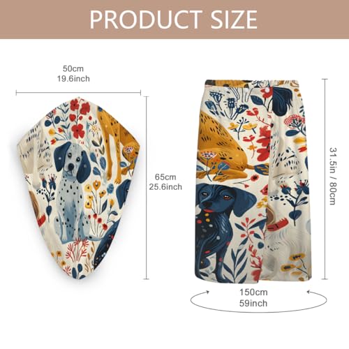 Dogs Flowers Microfiber Bathrobe and Hair Towel Wrap Set for Women Quick Dry Shower Towels Wrap Absorbent Soft Bath Robe and Hair Drying Cap for Spa After Shower
