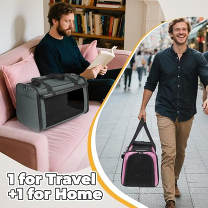 YUDODO 2 Packs 25 lbs Lightproof Soft Sided Cat Carrier for Large Cat & Small Dog Airline Approved Travel Puppy Carriers with Side Pockets & Reflective Mesh, Foldable Portable for Car Grey Green+Pink - color: Pink*1+Grey Green*1