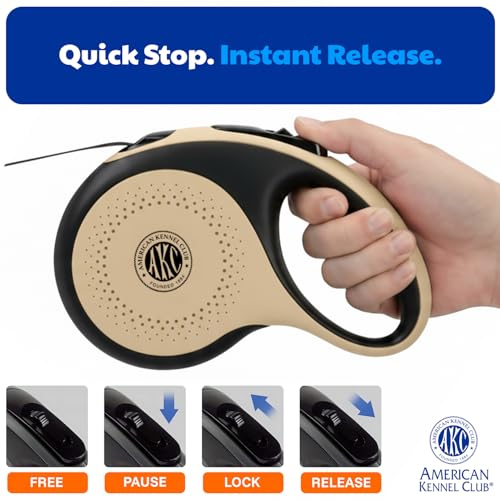 American Kennel Club Heavy Duty Retractable Dog Leash, 16.4ft, Tangle-Free, Ergonomic Grip, One-Hand Brake, for Medium & Large Dogs up to 110 lbs Tan